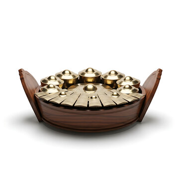 A traditional Indonesian gamelan instrument, the gender barung, is showcased with its polished bronze keys and intricate wooden casing, ready to produce its melodic tones.
