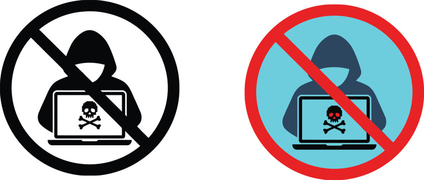 No hacking allowed sign with a hooded hacker character and a skull icon on a laptop screen