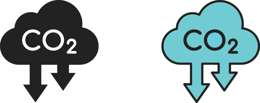 Black and blue carbon dioxide cloud icons with downward arrows showing reduction