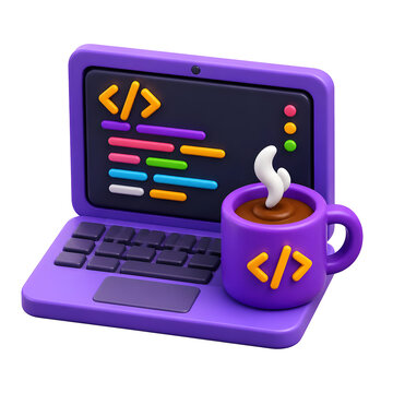World Wide Web Day purple laptop computer with coding symbols and hot coffee mug icon.