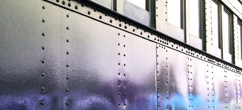 Riveted Steel Side of Train car, Sleeper Car w/windows-Transportation, distressed, weathered aged, old, vintage, shiny, colorful, rivets, rivet-Colors of Black, Blue, Gray, purple-Backdrop, Background