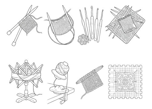 Hand-drawn knitting and crochet tools set, 8 line art icons of yarn needles and wool equipment, hobby craft vector illustrations