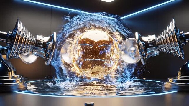 Conceptual acoustic levitation technology suspending glowing golden liquid
