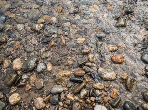 Clear water flowing over smooth river stones and colorful pebbles