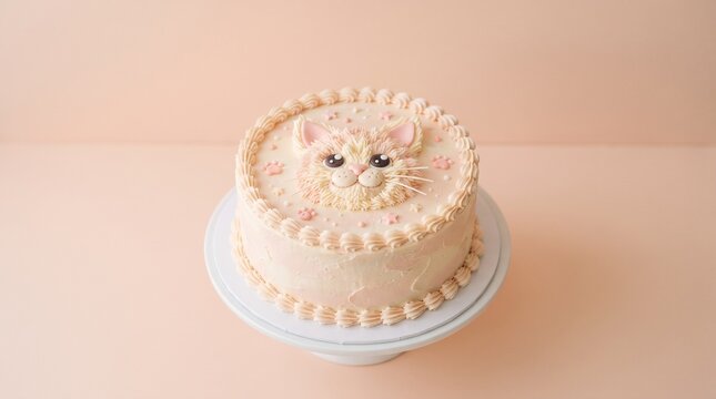 Pastel pink cat cake with buttercream frosting, cute kitten face birthday dessert on white stand, aesthetic animal themed bakery treat