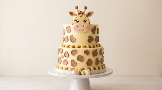Adorable giraffe birthday cake with two tiers. Cute animal safari themed dessert for kids party. Yellow fondant cake with brown spots.