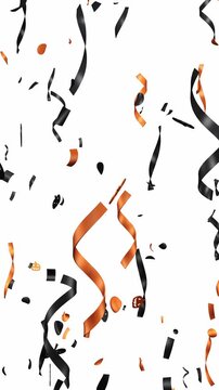 Halloween party confetti in shiny orange and black falling continuously. Ribbons, confetti, streamers, and pumpkin Jack o Lanterns fall celebrating a Happy Halloween. 3d render with alpha channel.