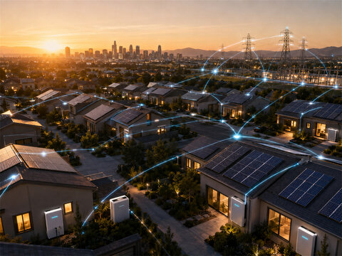 Solar powered suburban homes linked by a smart energy network at sunset showing rooftop panels battery storage electric vehicles and connected community infrastructure for a resilient clean grid