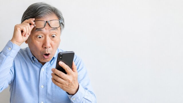 Surprised Senior Asian Man Looking at Smartphone with Copy Space