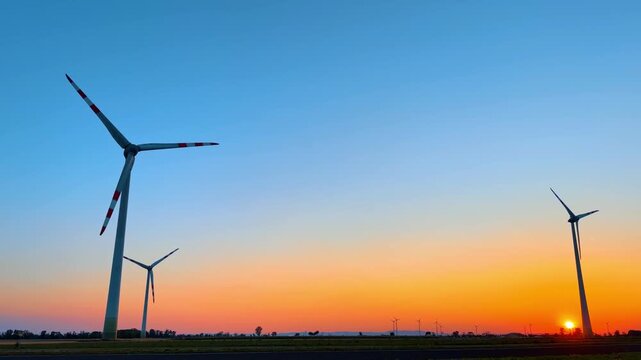 Wind turbines at sunset in a field. Wind turbines stand tall in a field as the sun sets in the background. The sky shows colors of orange and blue.