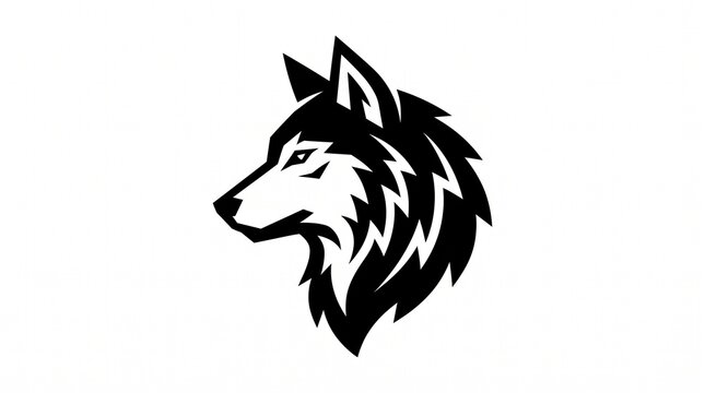 A bold black-and-white wolf head logo stands out against a stark white background.