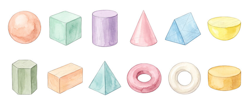Watercolor 3d geometric shapes set isolated on black background for educational math design. Pastel hand painted sphere cube cone cylinder pyramid prism torus graphic elements collection.