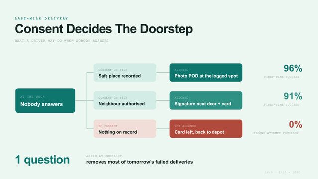 Delivery consent infographic decision tree of safe place neighbour and no consent outcomes at the door, light mint modern flat vector