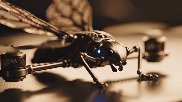 Macro shot of conceptual biomimetic micro drone resting on brushed metal