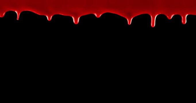 Vivid red blood flowing down over black and green screen. Blood red drops dripping down. Scary bleeding overlay showing frightening violence, an injury, terror, or a spooky Halloween background.