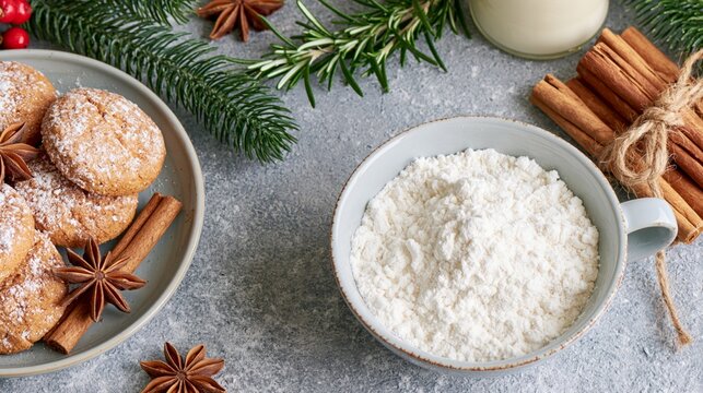 Christmas baking ingredients with flour, cinnamon, cookies, milk and evergreen branches arranged on a rustic kitchen surface