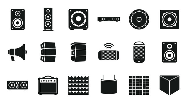 Collection of various audio speaker icons and illustrations in black and white