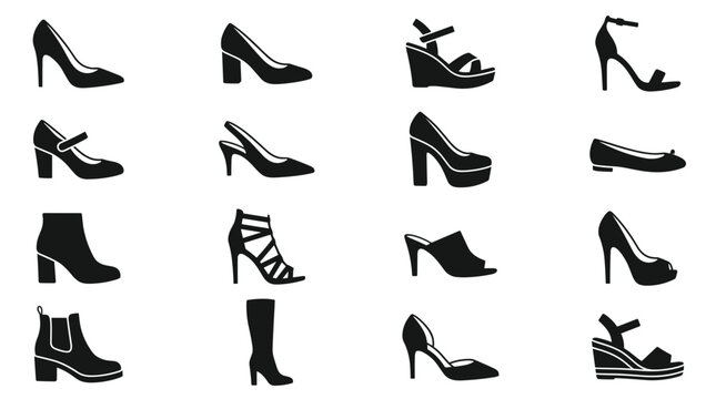 Collection of Black Silhouette Footwear Icons for Women Fashion and Style