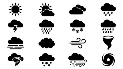 Naklejka premium Collection of Weather Icons Showing Sun Clouds Rain Snow Wind Storms and Tornadoes