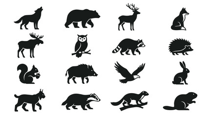 Fototapeta premium Collection of Silhouette Icons Representing Various Wild Animals