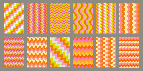 Cool Groovy Wavy Posters Set. Collection Of Wave Pattern Psychedelic Background.  © t1m0n344