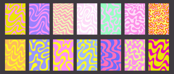 Cool Groovy Wavy Posters Set. Collection Of Wave Pattern Psychedelic Background.  © t1m0n344