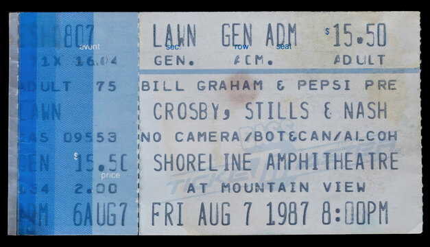 Mountain View, California - August 7, 1987 - Worn ticket stub for Crosby Stills and Nash concert at the Shoreline Amphitheatre.