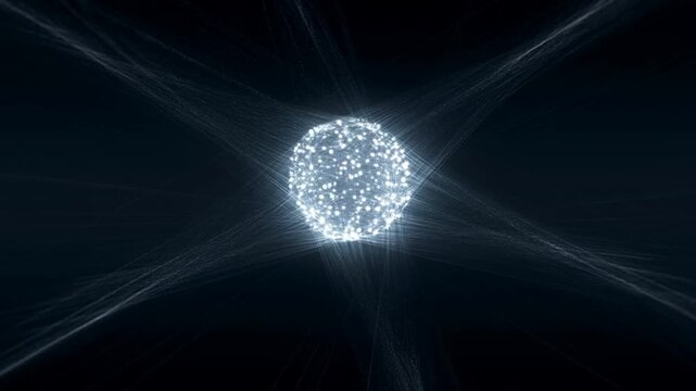 Glowing particle sphere floating against dark blue background with soft light haze