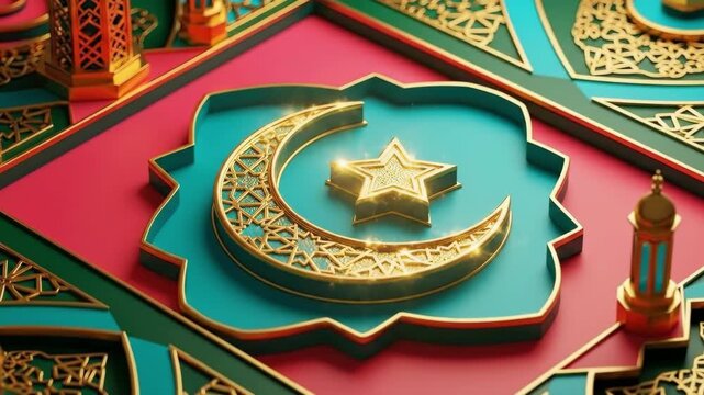 Golden 3D crescent moon and star with intricate patterns and lanterns on a colorful background, Islamic motif for Ramadan Kareem celebration.