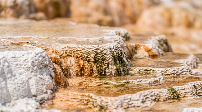 Travertine terraces in Yellowstone National Park, formed by geothermally heated mineral water.
