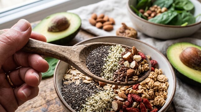 A wooden spoon brimming with a healthy mix of chia seeds, hemp seeds, granola, nuts, and goji berries is held above a bowl of similar wholesome ingredients.
