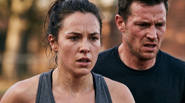 Two determined athletes, a woman and a man, push their physical limits during an intense outdoor training session, their faces etched with exertion and focus.