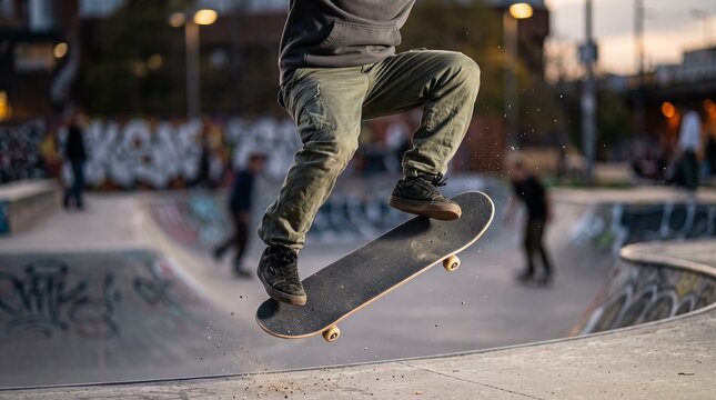 Skateboarder executes a trick at a skatepark, mid-air.