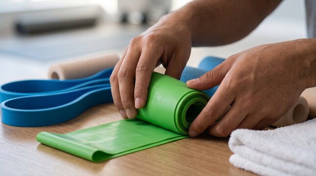 Hands roll a green resistance band, surrounded by other exercise bands and a towel, suggesting preparation for a fitness workout.