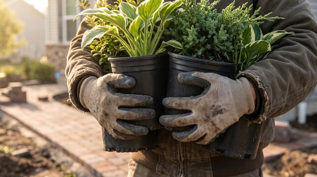 A gardener carefully carries potted green plants, with gloved hands, as they work on a new garden bed, surrounded by landscaping bricks and the soft morning light, symbolizing growth and outdoor life.