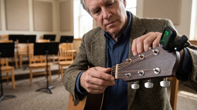 An older gentleman with a thoughtful expression tunes his acoustic guitar, preparing to play in a room that suggests a music lesson or practice session.
