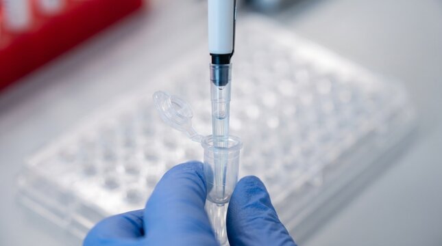 A gloved hand holds a pipette over a small vial, meticulously adding liquid in a laboratory setting, with a multi-well plate visible in the background. This image symbolizes scientific research.