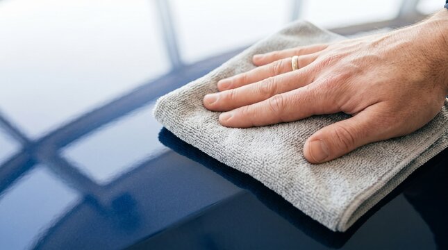 A hand gently wipes a high-gloss, deep blue surface with a soft grey microfiber cloth, reflecting the bright sky and surrounding environment in its mirror-like finish.