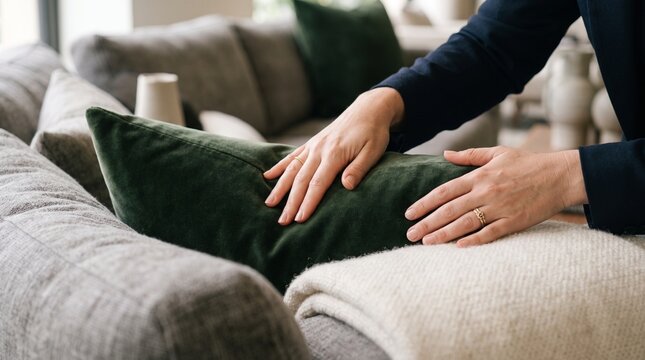 A person's hands gently touch a plush green cushion on a comfortable sofa, highlighting the cozy and inviting atmosphere of a modern living room.