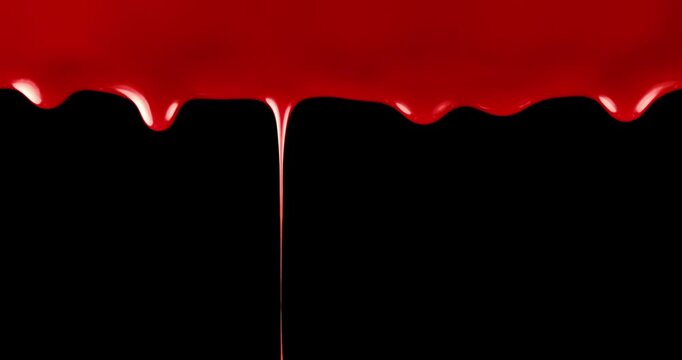 Vivid red blood flowing down over black and green screen. Blood red drops dripping down. Scary bleeding overlay showing frightening violence, an injury, terror, or a spooky Halloween background.