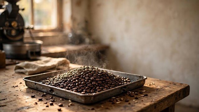Freshly Roasted Coffee Beans Cooling With Rising Steam