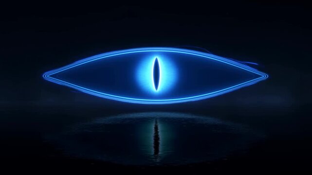 Glowing blue eye symbol hovering above dark water with bright central slit reflection