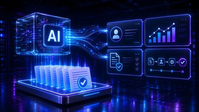 Artificial intelligence processing hub streaming digital data to dashboard interfaces for user analytics and automated secure document management