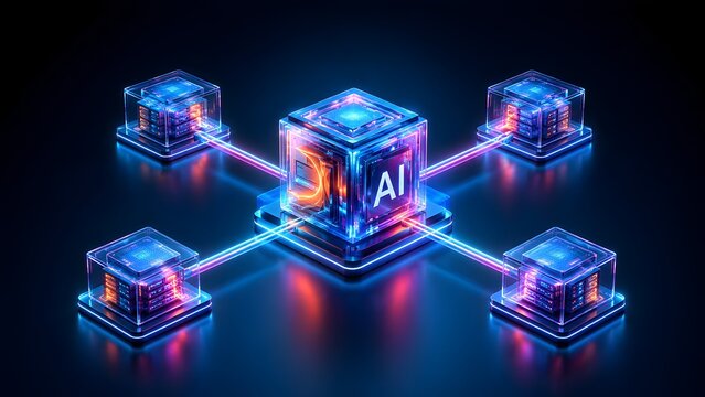 Glowing artificial intelligence network hub with a central AI server cube connected to peripheral digital data nodes