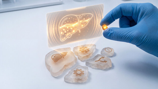 Human biology and nutritional supplement concept, nutritionist holding a capsule near holographic organ display, metabolic health tracking, nutrient absorption, wellness monitoring