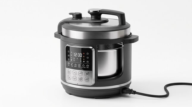 Modern electric pressure cooker, black multi-cooker with digital display, stainless steel kitchen appliance on white background