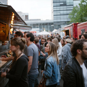 Gut besuchtes Food-Truck-Festival mit vielen Menschen vor mobilen Essensst&auml;nden in urbaner Umgebung. Street Food, Gastronomie, Event, Freizeit, Stadtleben und moderne Esskultur.