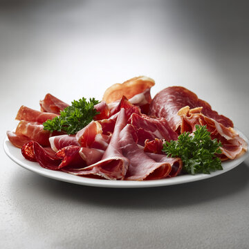 Antipasti-Platte mit luftgetrocknetem Schinken, Salami und Petersilie auf wei&szlig;em Teller. Mediterrane Wurst- und Fleischspezialit&auml;ten, Vorspeise, Feinkost und authentische Food-Fotografie.