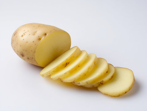 Aufgeschnittene rohe Kartoffel mit mehreren gleichm&auml;&szlig;igen Scheiben auf wei&szlig;em Hintergrund. Frische Lebensmittel, Gem&uuml;se, Kochen, K&uuml;chenvorbereitung und neutrale Food-Fotografie.