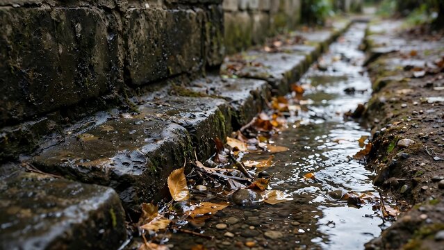 Wet Stone Drainage Channel With Fallen Autumn Leaves